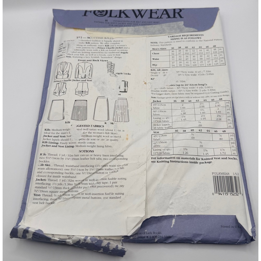 Folkwear #152 Scottish Kilts Sewing Pattern Men's or Women's Size 36-48 Uncut - Picture 2 of 2
